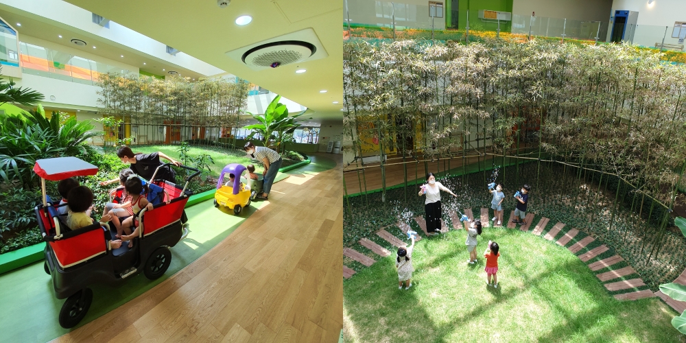 포스코 동촌어린이집 2층 높이의 실내정원에서 원아들이 자연을 직접 체험하고 있다/사진=포스코