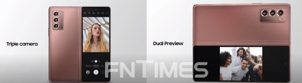 갤럭시Z폴드2 후면에는 트리플 카메라가 탑재되어 있다. 커버 디스플레이와 메인 디스플레이 전면에도 각각 1개씩 탑재되어 있다. /사진=삼성전자 유튜브 캡처