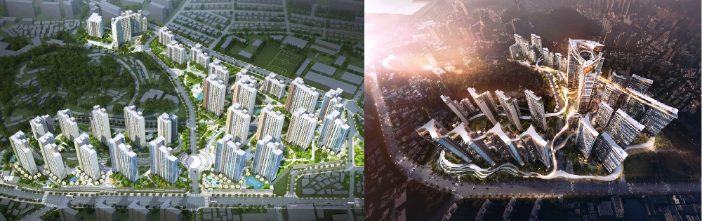 부산 대연8구역 사업 조감도. 롯데건설-HDC현대산업개발 (좌), 포스코건설 (우) / 자료=각 사