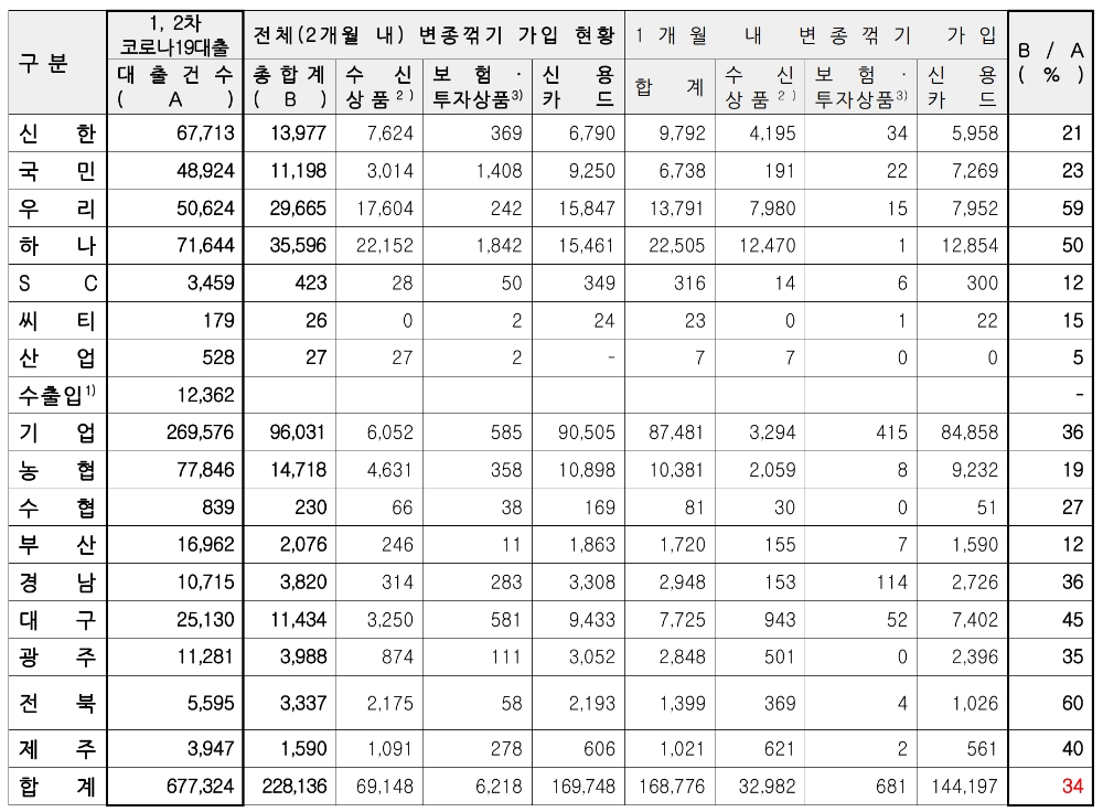 코로나19 대출 관련 시중은행의 자체 점검 결과. /자료=금융감독원(김한정 의원실 제공)
