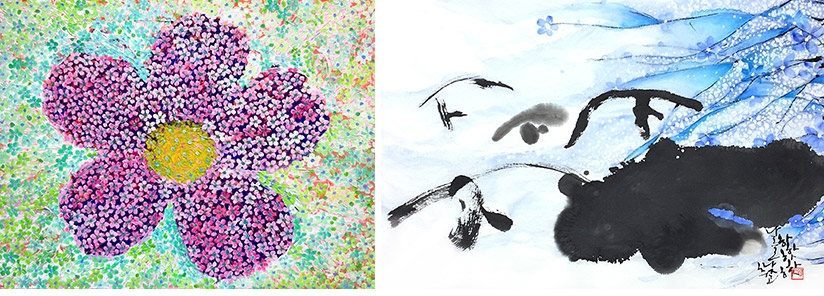 좌)집주변과 자연풍경의 이미지를 색 꽃으로 만들어낸 임현진, 우)혼자보다는 둘이 있을 때 사랑과 아름다움이 생겨난다는 한글이미지로 그려진 정영순의 이미지