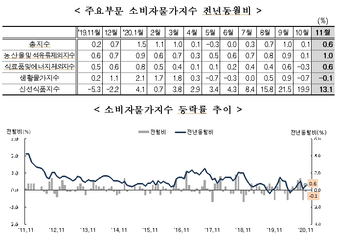 11월 소비자물가 전년비 0.6% 상승...농산물석유류제외지수는 1% 올라 (1보)