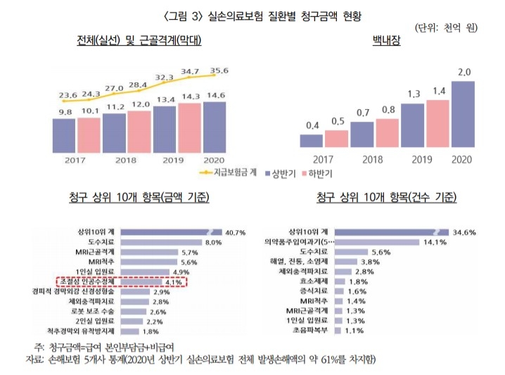 실손의료보험 질환별 청구금액 현황과 청구 상위 10개 항목(금액, 건수 기준)표/사진=보험연구원