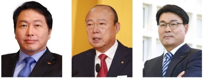 연말 그린수소 사업 선점 의지를 밝힌 최태원 SK그룹 회장(사진 왼쪽), 김승연 한화그룹 회장(사진 가운데), 최정우 포스코그룹 회장(사진 오른쪽).
