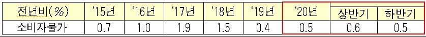 2020년 연간 소비자물가 전년비 0.5% 상승, 작년(0.4%)대비 0.1%p 올라 (종합)