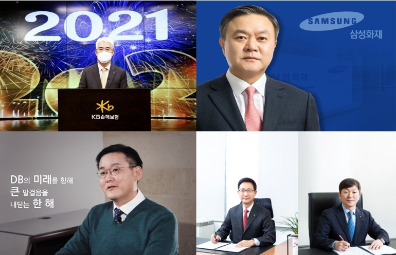 (위 사진 왼쪽부터 시계방향으로)김기환 KB손보 신임 대표, 최영무 삼성화재 대표, 조용일(사진 좌측), 이성재 현대해상 대표, 김남호 DB그룹 회장/사진=오승혁 기자