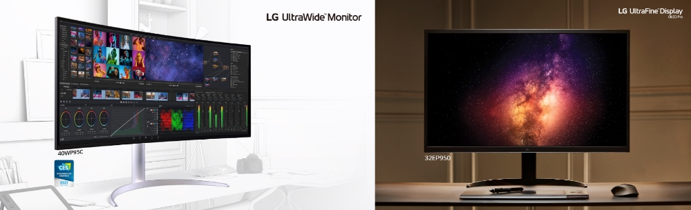 (왼쪽부터) LG 울트라와이드 모니터와 울트라파인 올레드 프로 모니터. 사진=LG전자
