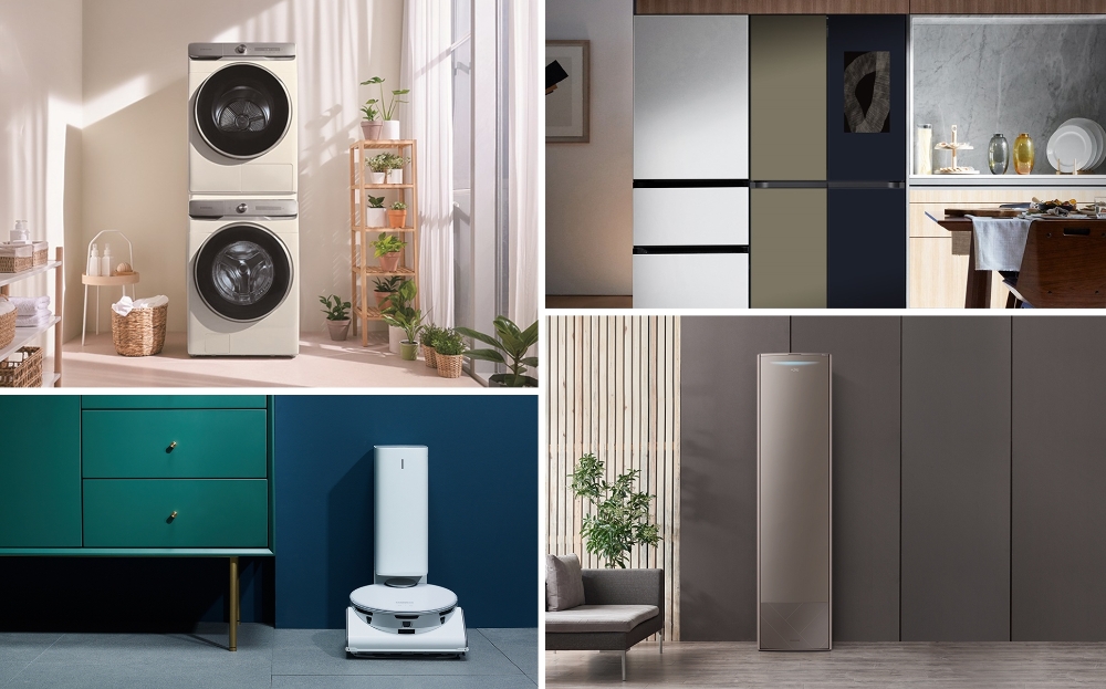 'AI+ 인증'을 획득한 생활가전. (왼쪽부터 시계방향으로) ‘그랑데 AI’ 세탁·건조기, ‘비스포크 패밀리허브’ 냉장고, 무풍 에어컨 갤러리, 로봇청소기 ‘제트봇 AI’. 사진=삼성전자.