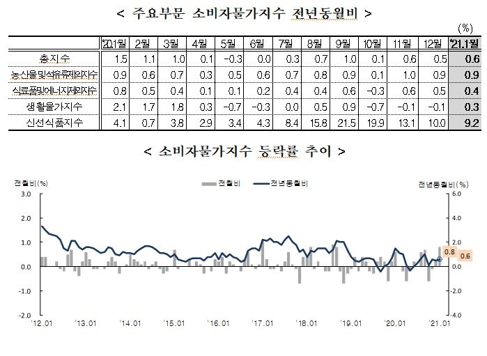 1월 소비자물가지수 전년동월대비 0.6% 상승...농산물및석유류제외지수는 0.9% 올라 (종합)