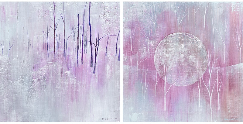 좌)정지원 WHITE NOISE 45.5x45.5cm Acrylic on Canvas 2021/ 우)정지원 WHITE NOISE, Acrylic on Canvas, 45.5x45.5cm 2020