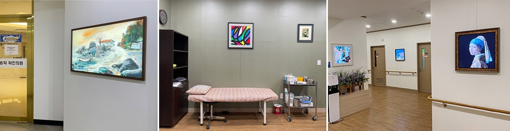 디지털 갤러리가 설치된 병원 휴게공간과 진료실