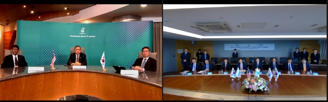 현대LNG해운(HLS)은 지난 27일 말레이시아 최대 국영 에너지기업 페트로나스LNG와 체결한 LNG운반선 장기 용선계약에 대한 기념 서명식을 비대면으로 진행했다. 사진=현대중공업그룹.