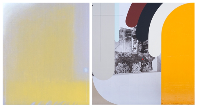 좌) 양현모_이미지 러-버 no.7_oil on canvas_53x45.5cm_2021, 우) 이희준_Bricks_acrylic and photo-collage on canvas_200x200cm_2021