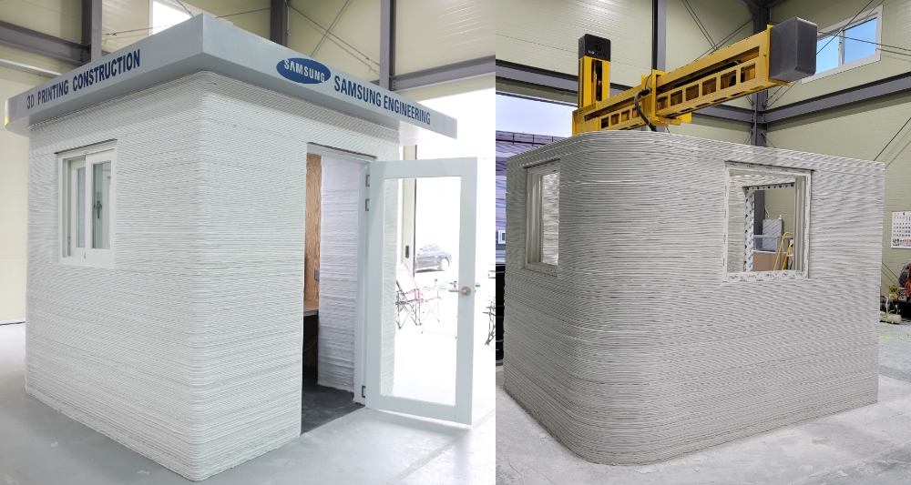 3D 프린팅 로봇을 통해 제작한 건축물(왼쪽)과 건축물 제작 과정 모습. / 사진=삼성엔지니어링