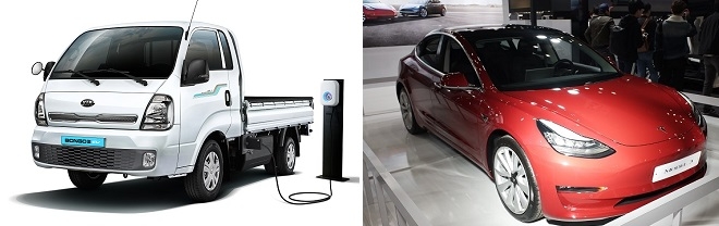 현대차 포터EV(왼쪽)와 테슬라 모델3.