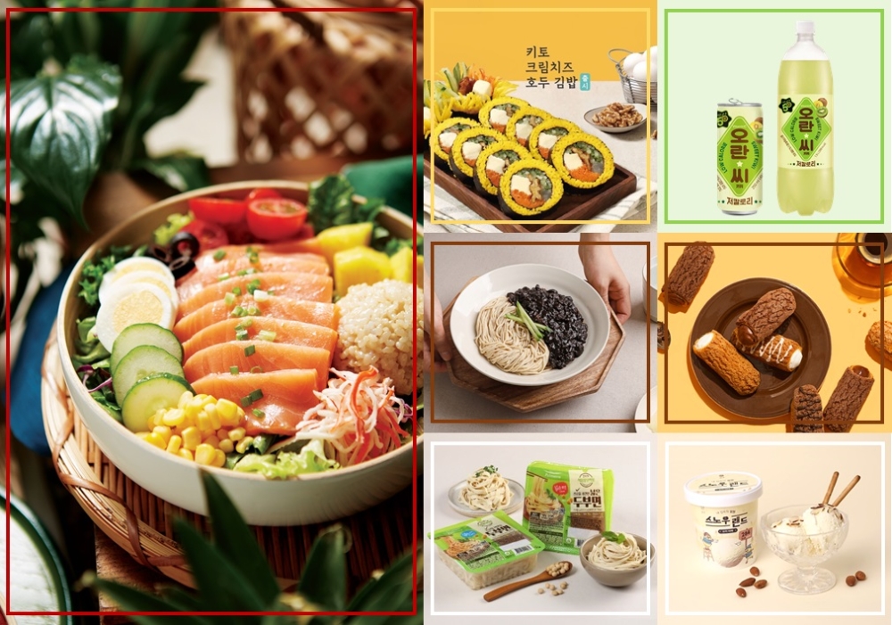 채선당 도시락&샐러드·밀키드24의 '하와이안 연어 포케', 바르다 김선생의 '키토 크림치즈 호두 김밥',동아오츠카 ‘오란씨 키위’, 쓰리케어코리아 거꾸로당의 '단백질 가드칸슈', 설탕없는과자공장의 '스노우랜드', 풀무원의 '건강을 제면한 두부면', 베네핏츠의 '식단면 저당짜장' / 사진제공 = 각 사