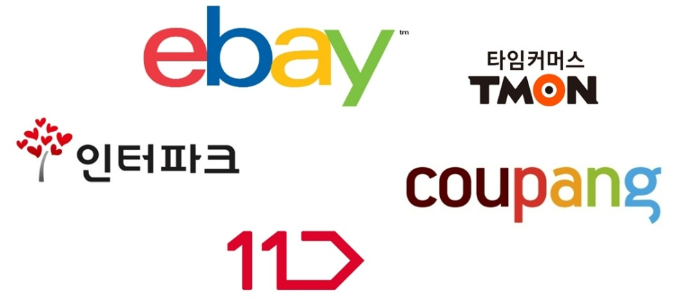 (왼쪽위부터 시계 반대방향으로) 이베이코리아, 인터파크, 11번가, 쿠팡, 티몬 CI/사진제공=본사DB, 본사가공