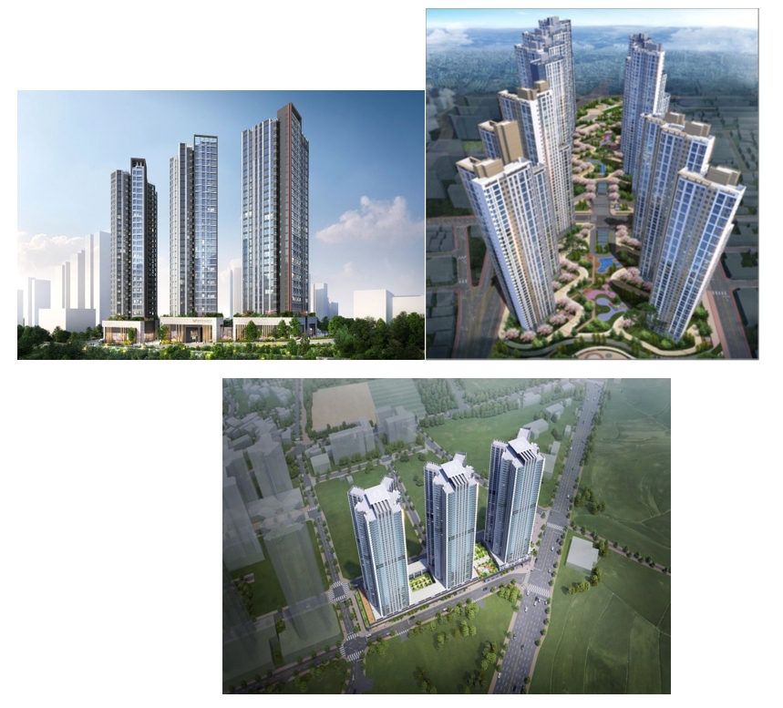 (왼쪽부터)오산 세마역 오피스텔 개발사업 조감도, 시흥시 은행2지구 공동주택 개발사업 조감도, 이천 안흥동 3블럭 복합개발사업 조감도. / 사진=롯데건설
