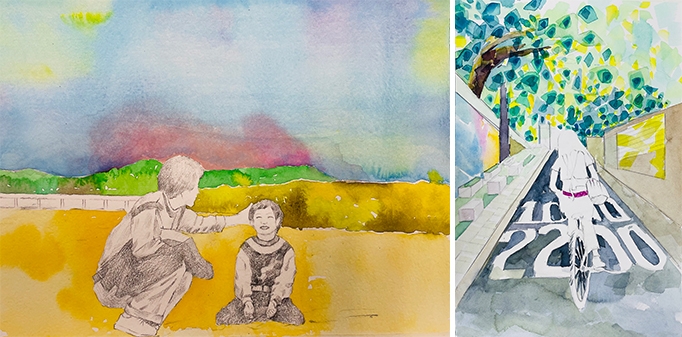 좌) 우리에게도 저런 시절이 있었네 . watercolor on paper 56cm.79cm 2021우) to home watercolor on paper 31cm.46cm 2021