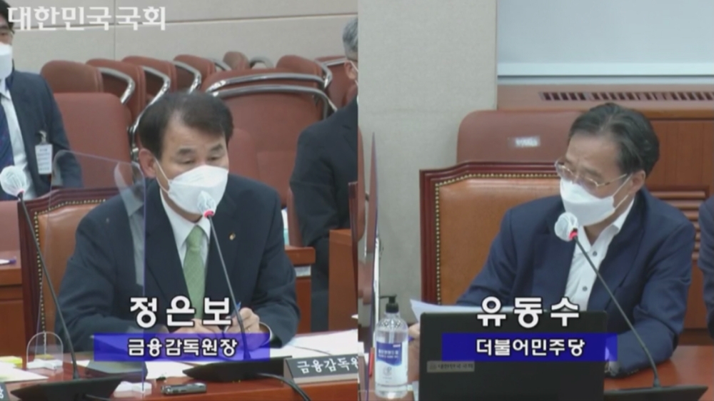 정은보 금감원장(왼쪽)이 7일 국정감사에서 유동수 더불어민주당 의원 질의에 답변을 하고 있다./사진=국회 인터넷의사중계시스템 갈무리