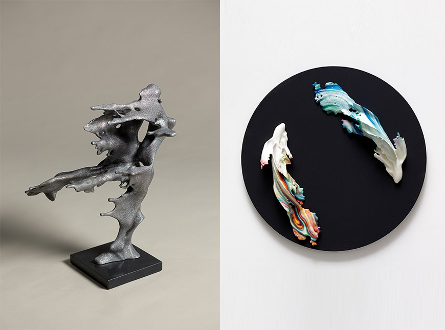 좌) 〈Flowing Memories _ Dancer〉, 460x490x600mm, 알루미늄, 2021우) 〈Flowing Memories _ Swimming〉, 700x700x110mm, 스테인리스 스틸, 알루미늄, 2021