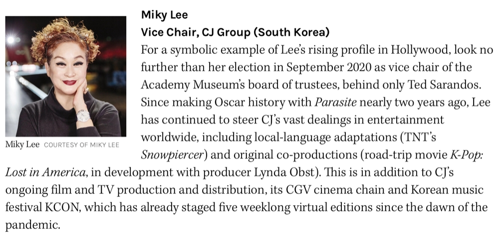 더할리우드리포트의 '세계엔터테인먼트 시장에서 영향력 있는 여성 20인'에 선정된 이미경 CJ그룹 부회장/사진제공=더할리우드리포트 갈무리