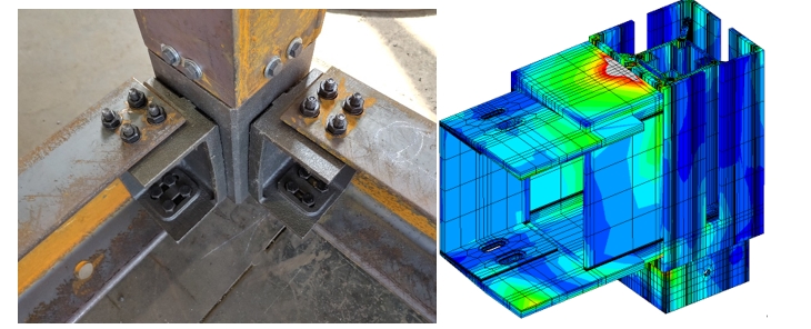 DL이앤씨가 개발한 볼트 기반의 무용접 커넥터(왼쪽)와 구조해석 이미지. 해당 기술은 3차원 비선형 해석과 구조실험을 통해 한국 강구조학회 인증을 획득했다. / 사진제공=DL이앤씨