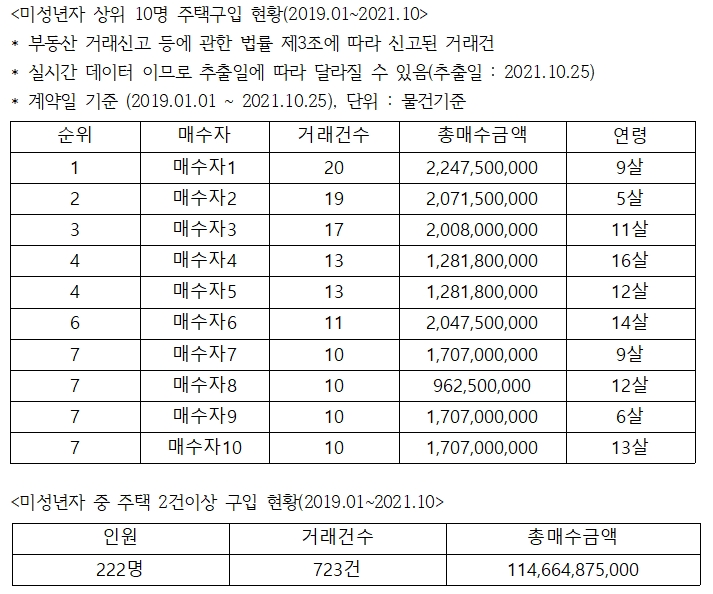 미성년자 상위 10명 주택 구입 현황표. / 자료제공=김회재 더불어민주당 의원