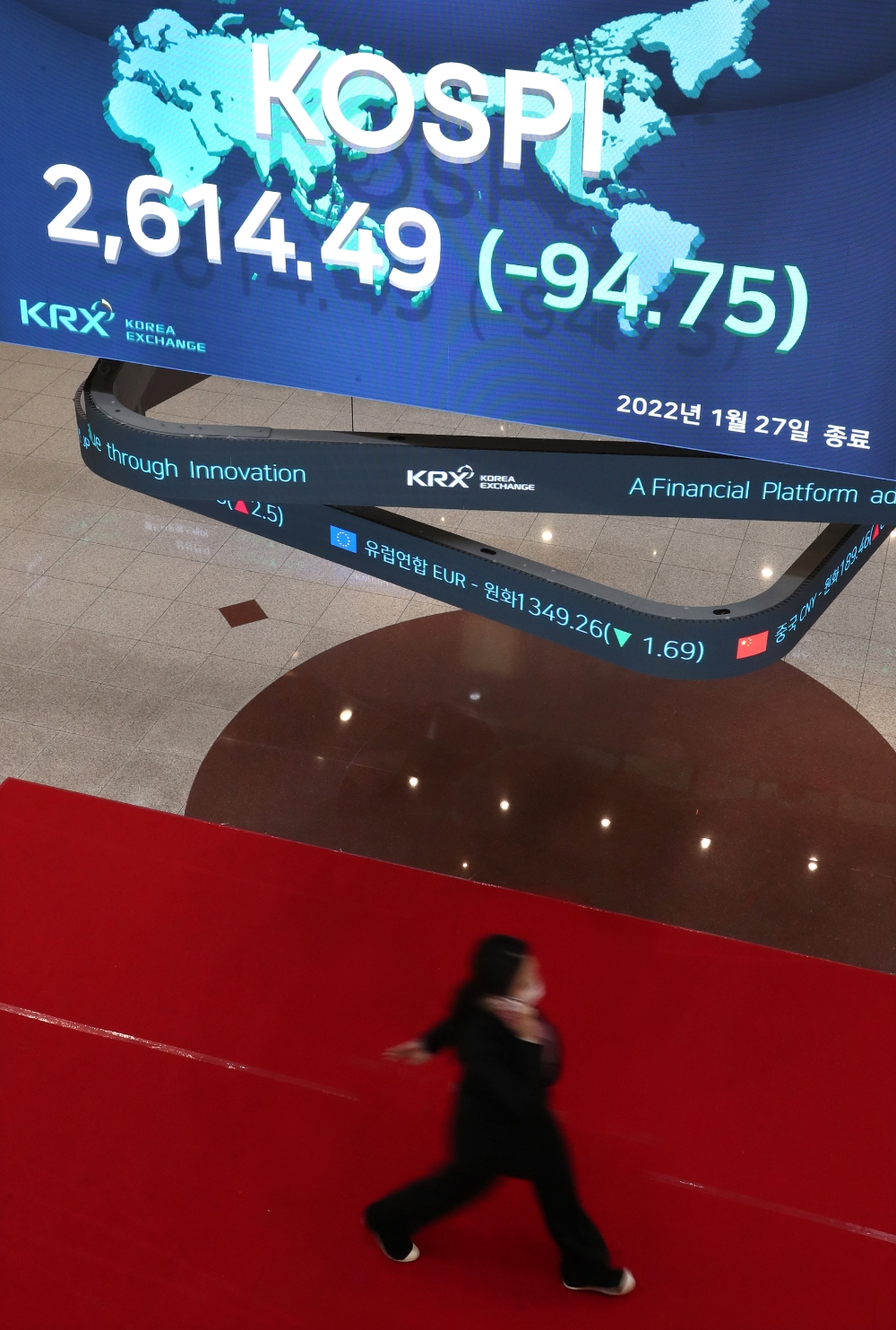 27일 코스피 지수가 전일 대비 94.75p(3.50%) 하락한 2614.49를 나타내고 있다. / 사진제공= 한국거래소(2022.01.27)