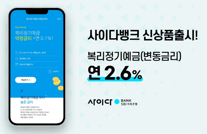SBI저축은행이 연 2.6% 금리를 제공하는 사이다뱅크 '복리정기예금(변동금리)'을 출시했다. /사진제공=SBI저축은행