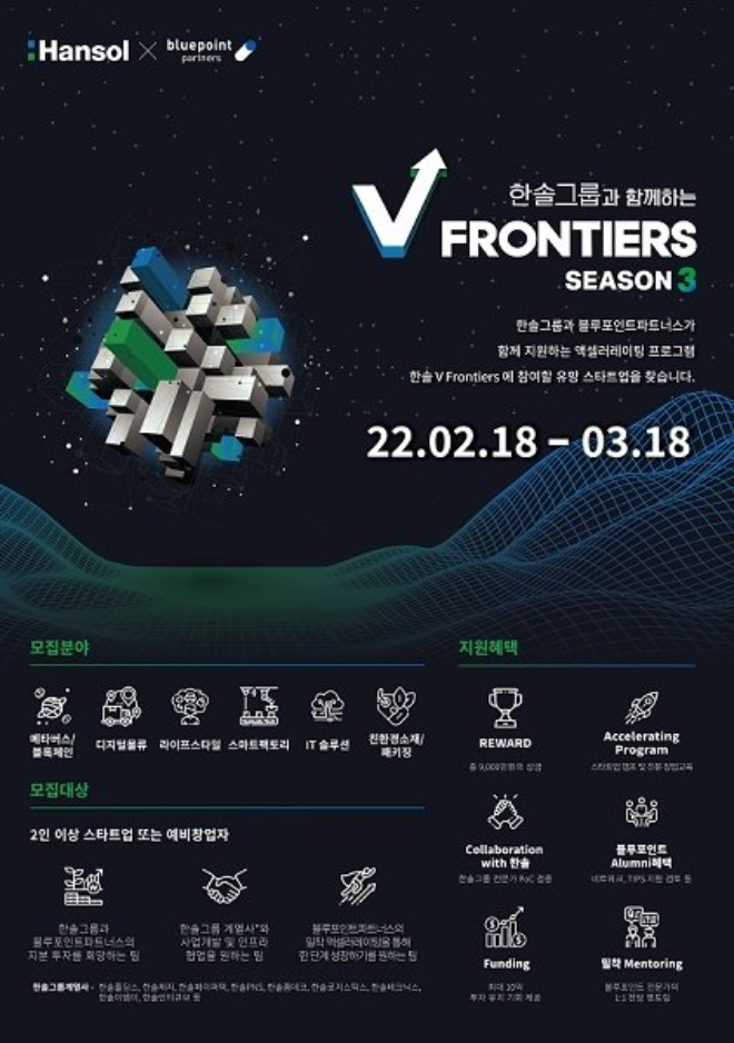 한솔그룹(회장 조동길)은 지난 2020년부터 진행된 스타트업 대상 오픈 이노베이션 프로그램 ‘한솔 V 프론티어스(Frontiers)’가 3기 참가 기업을 모집한다고 21일 밝혔다. 사진=한솔그룹.