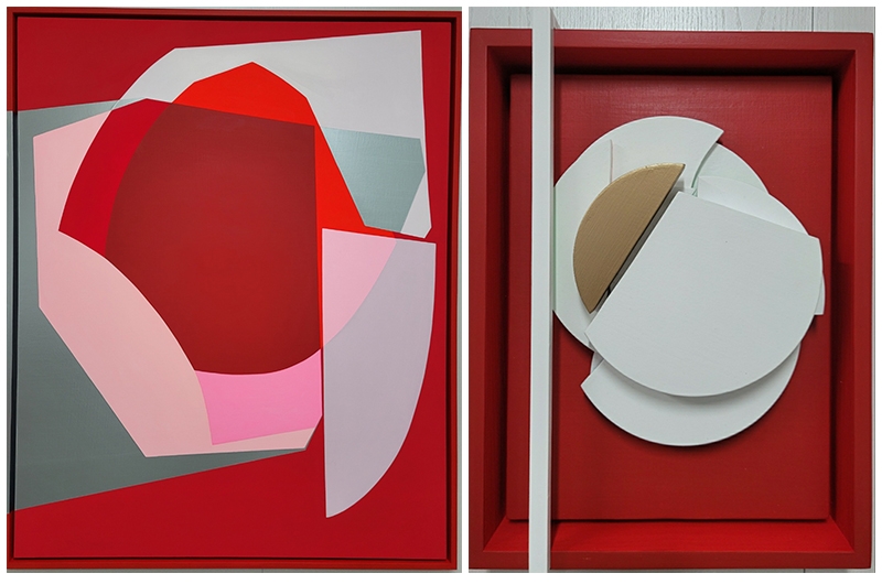 좌) Pieces of Cell Series- Silver&Red. Acrylic on Canvas. 162.0cmx131.0cm 2022우) Pieces of Cell Series- White & Gold Cell. Acrylic, Wood on Canvas. 37.0cmx28.0cm.2022