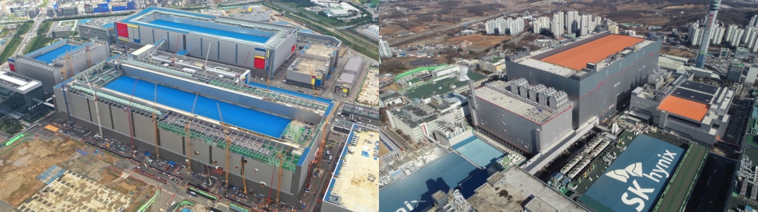 경기도 평택에 위치한 삼성전자 P2라인 전경(왼쪽)과 경기도 이천에 위치한 SK하이닉스의 M16 전경. 사진=각 사