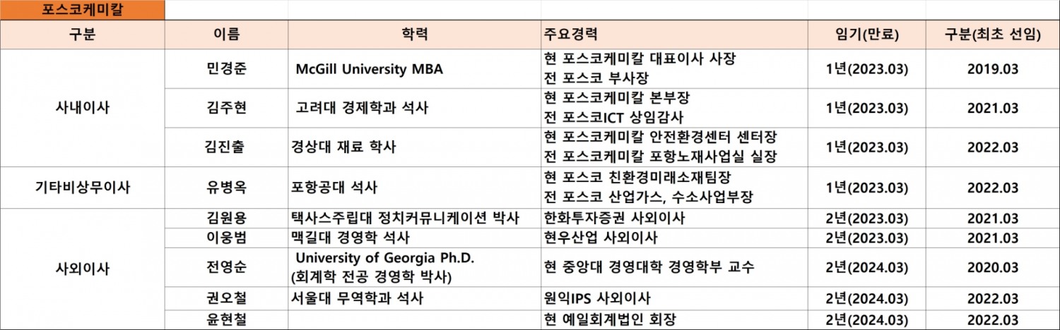 포스코케미칼 이사회 현황. 자료=포스코케미칼.