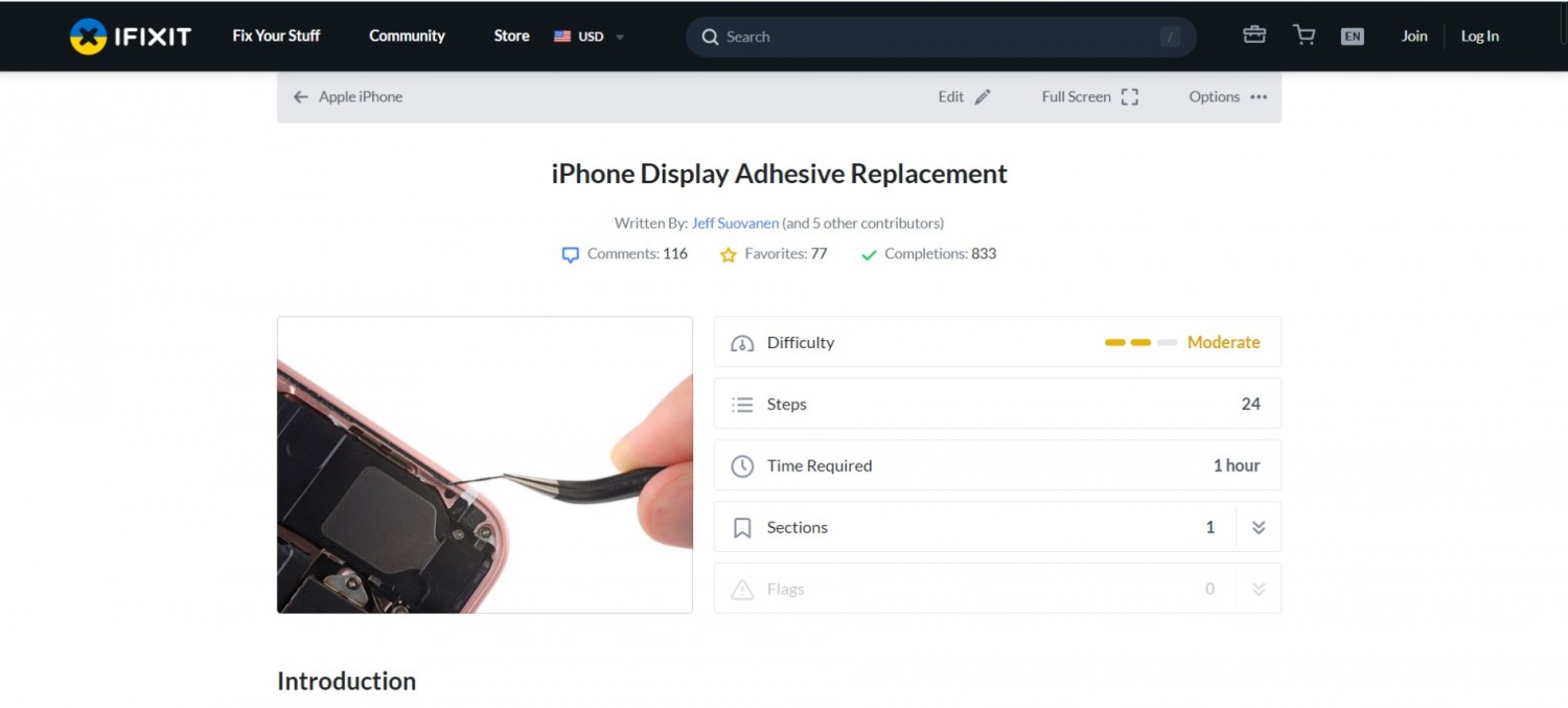 아이폰 디스플레이 접착제 교체 안내서. 사진=아이픽스잇 홈페이지 갈무리