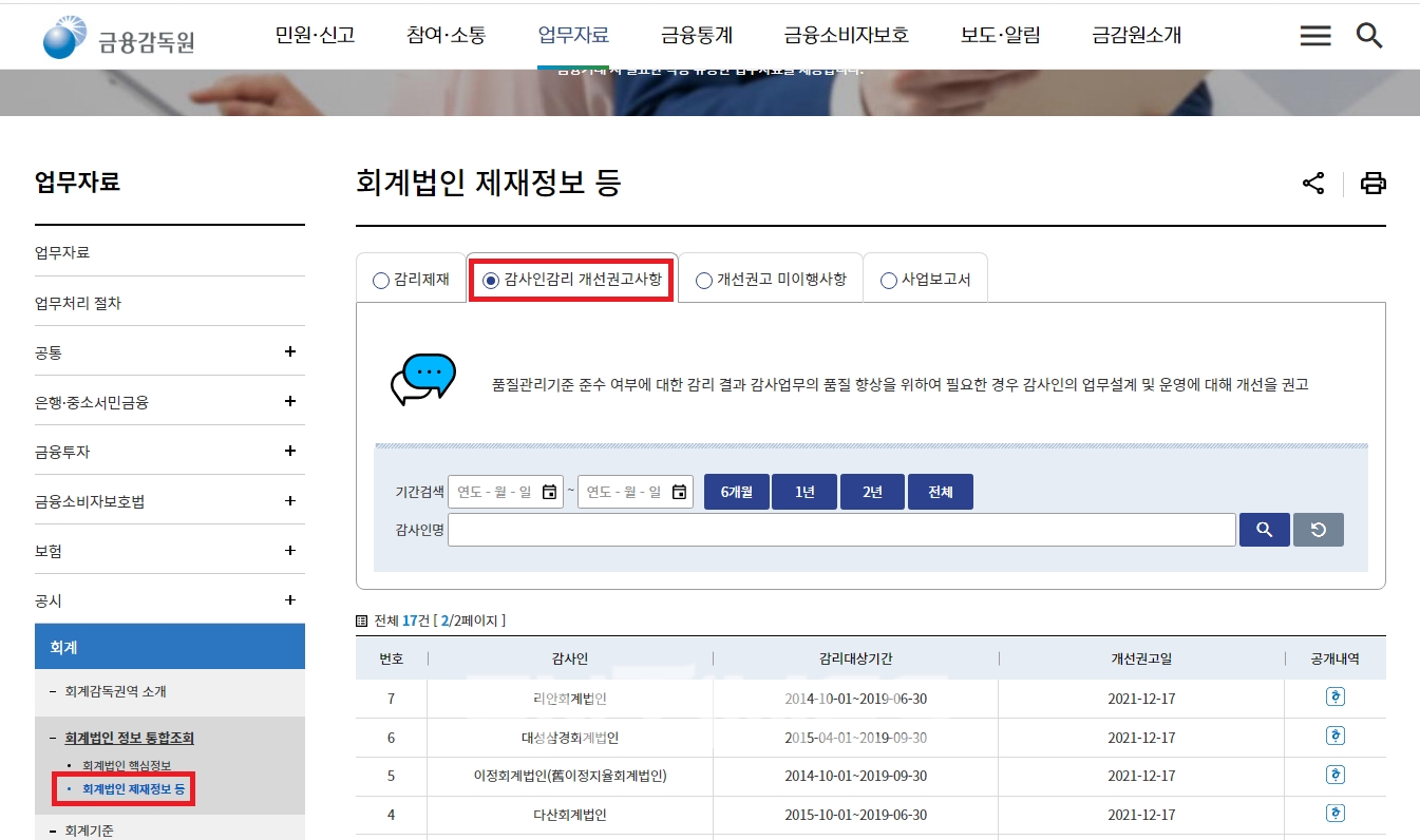 회계법인 제재 정보 등에 관한 공개 화면./사진=금융위원회(위원장 고승범)
