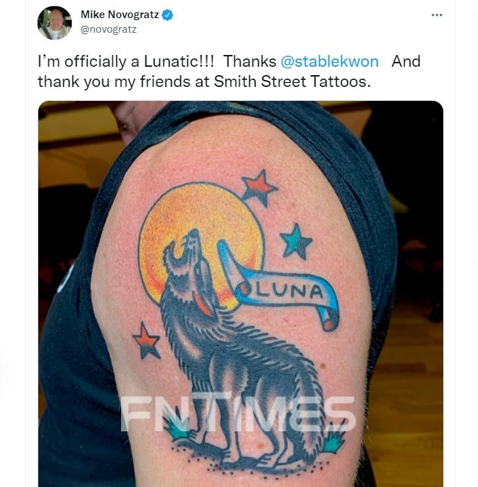 지난 1월 ‘마이크 노보그래츠’(Mike Novogratz) 갤럭시디지털(Galaxy Digital)의 최고경영자(CEO‧Chief Executive Officer)가 본인의 트위터(Twitter‧대표 파라그 아그라왈) 계정을 통해 공개한 한국산 가상화폐 ‘루나’(LUNA) 문신./사진=마이클 노보그래츠 트위터 계정 갈무리