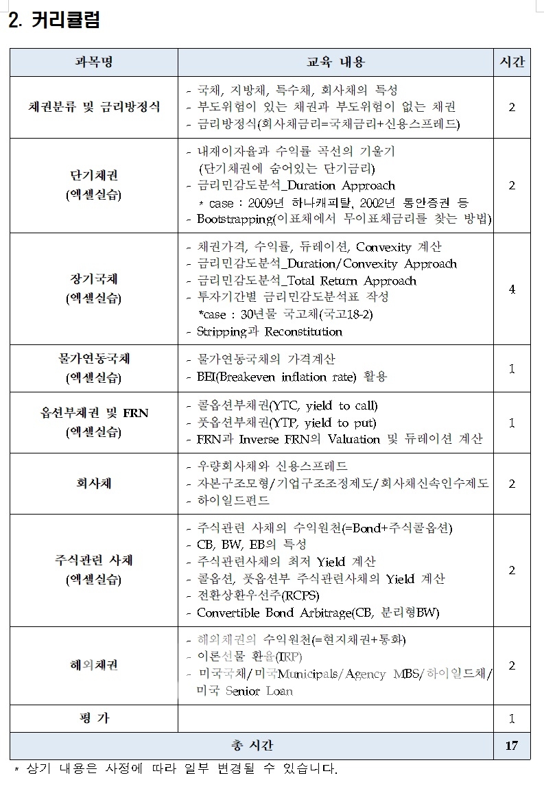 금융투자협회(회장 나재철) 산하 금융투자교육원이 채권 운용 관련 업무 종사자를 위해 오는 7월 5일(화)부터 7월 14일(목)까지 진행하는 ‘엑셀을 활용한 실전채권투자’ 커리큘럼./자료=금융투자협회
