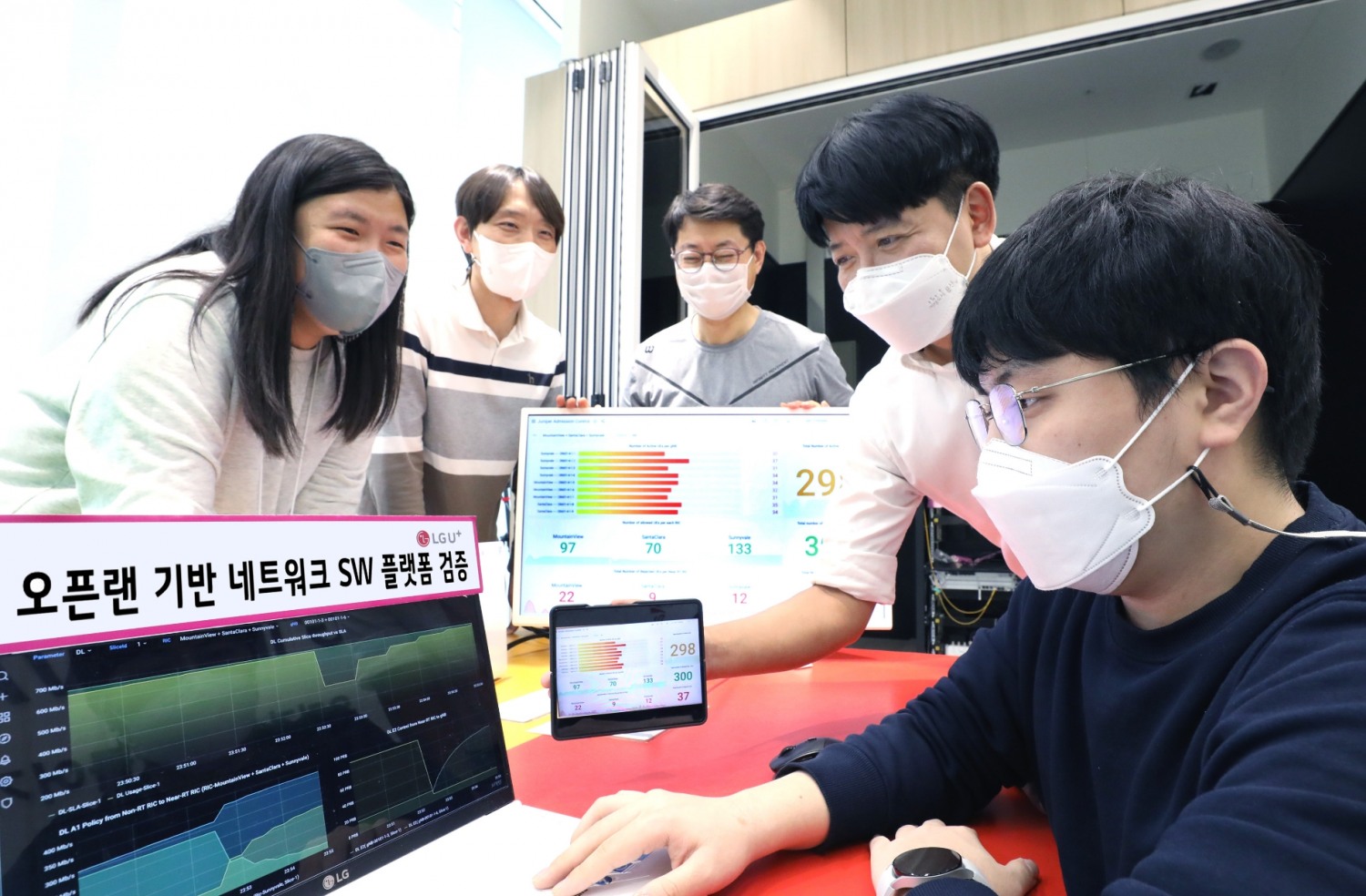 LG유플러스 직원들이 오픈랜 RIC 플랫폼을 통해 어플리케이션을 테스트하고 있다. 사진=LG유플러스