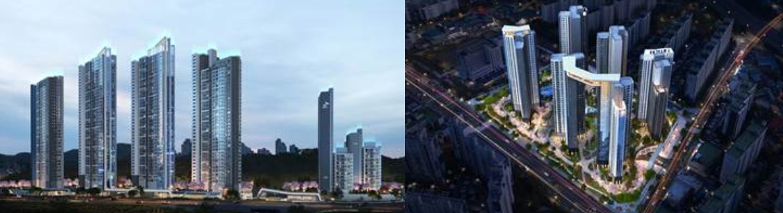 포항 용흥4구역 투시도 (좌), 대전 법동2구역 투시도 (우) / 사진제공=SK에코플랜트
