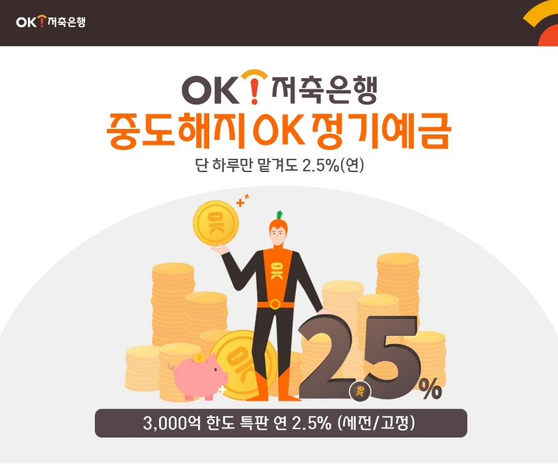 OK저축은행이 중도해지OK정기예금에 금리 연 2.5%를 적용하는 특별판매를 진행한다. /사진제공=OK저축은행