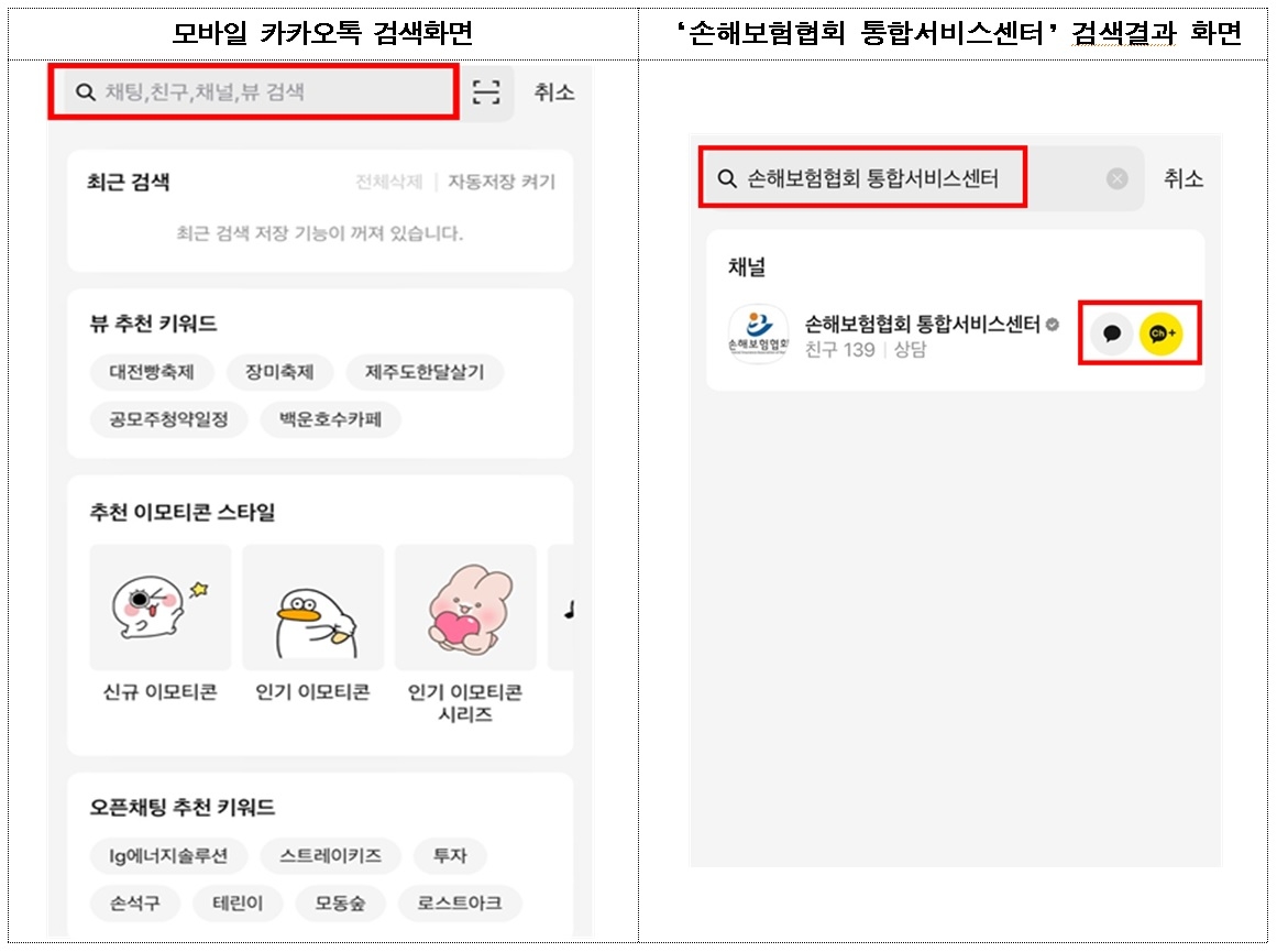 손해보험협회 카카오톡 상담 검색 방법./사진=손해보험협회