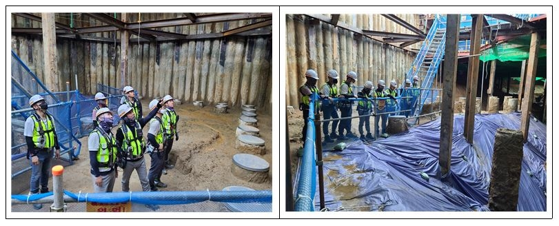 ‘평택통복 B-1BL현장’에서 현장소장과 직원들이 장마철 대비 일일점검을 하고 있다. /사진제공=동아건설산업