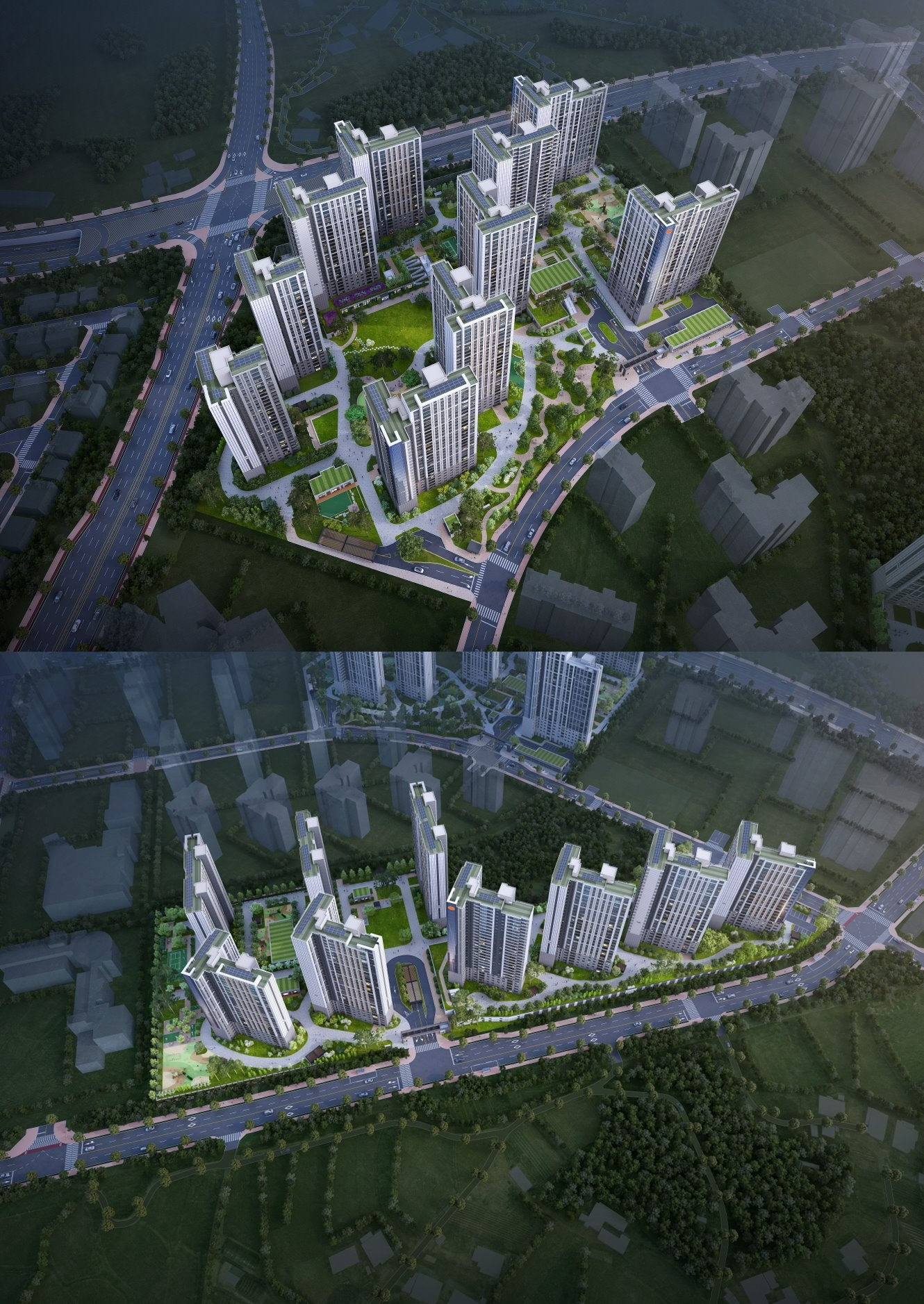 e편한세상 평택 라씨엘로(2-1블록) 조감도(위)와 e편한세상 평택 하이센트(4블록) 조감도. /사진제공=DL건설