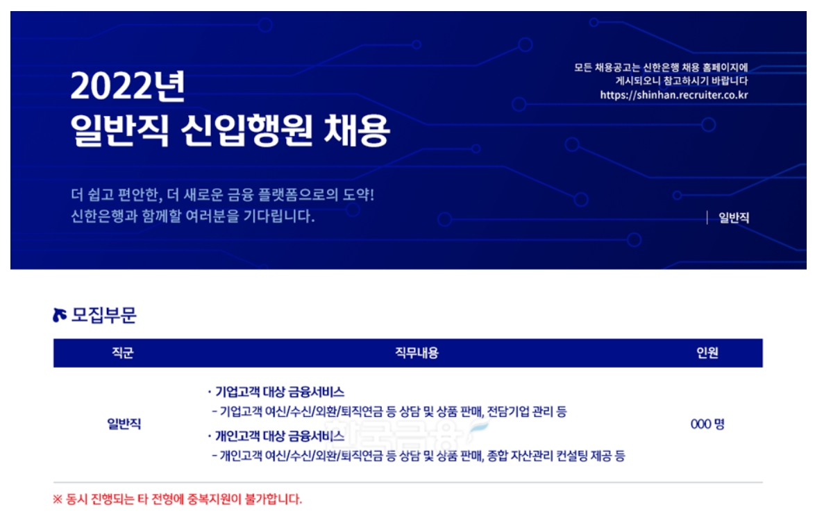 2022년 일반직 신입행원 채용. / 자료=신한은행 홈페이지 갈무리