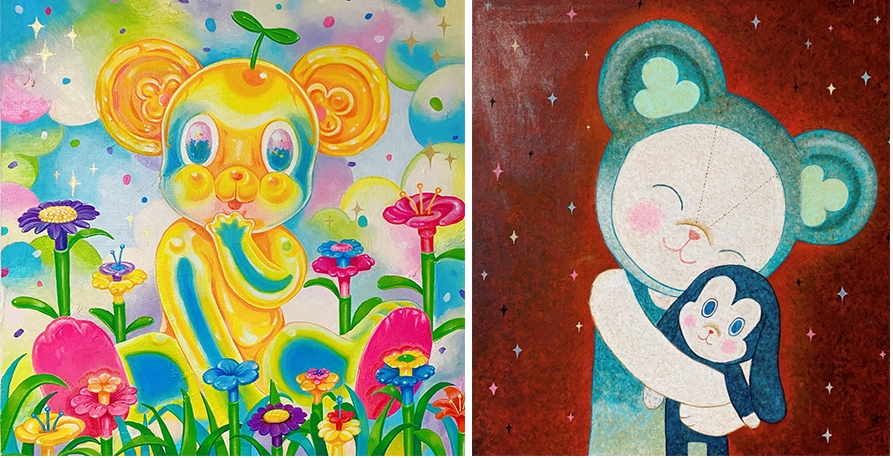 좌) 토아치, <꽃이 블링블링>, 45 x 45, oil on Canvas, 2022우) 토아치, <애착인형>, 45 x 53, Acrylic on Hanji, 2022