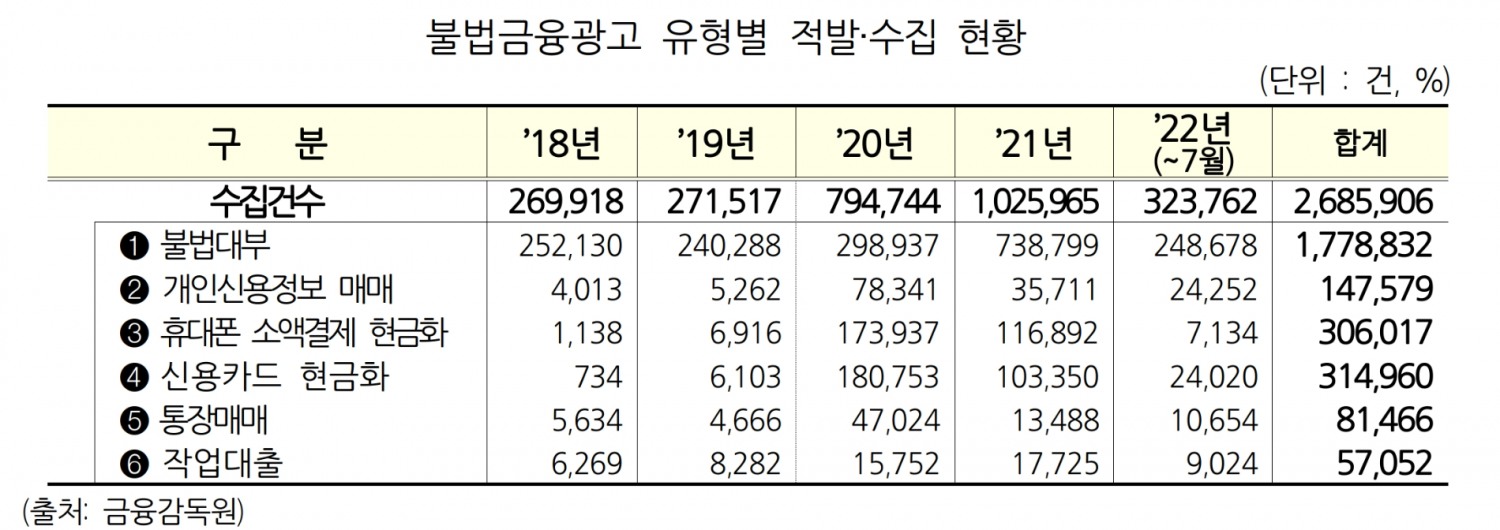 불법금융광고 유형별 적발·수집 현황. 자료제공=더불어민주당 박재호 의원실