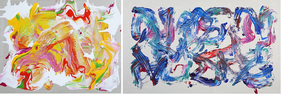 좌) '춤추는 아리랑(Dancing Arirang) 6-001', 31.8×40.9㎝, acrylic on canvas, 2022우) '춤추는 아리랑(Dancing Arirang) 100-001', 97.0×162.2㎝, acrylic on canvas, 2022