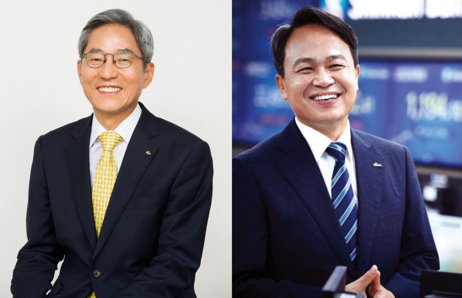 ▲윤종규 KB금융지주 회장(왼쪽), 진옥동 신한금융지주 회장 내정자./사진=각사