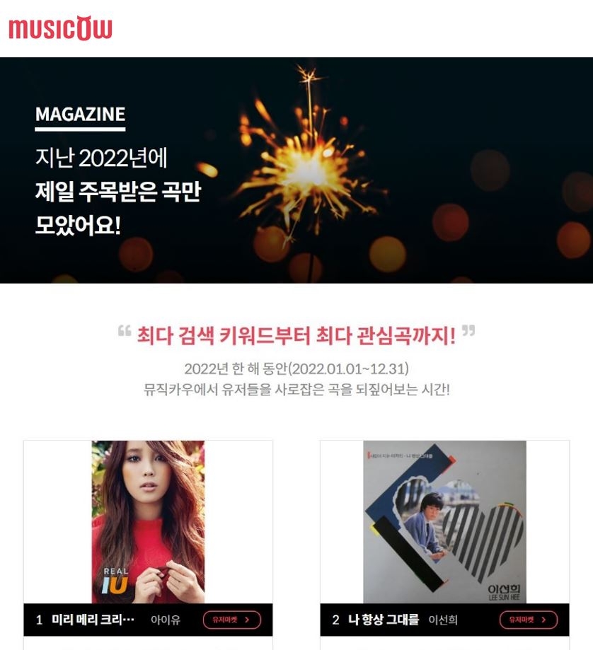 뮤직카우의 2022 매거진에서 최다 검색 곡으로 아이유의 ‘미리 메리 크리스마스’로 분석됐다. /자료제공=뮤직카우